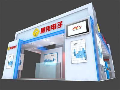 54平米展臺(tái)設(shè)計(jì)制作：三面開(kāi)口/前衛(wèi)/木質(zhì)結(jié)構(gòu)/藍(lán)色，為電子展展商而作（免費(fèi)使用）