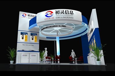 64平米展臺設(shè)計制作：二面開口/前衛(wèi)/木質(zhì)結(jié)構(gòu)/藍(lán)色，為電子展展商而作（免費(fèi)使用）