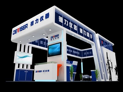 50平米展臺設(shè)計制作：四面開口/現(xiàn)代/木質(zhì)結(jié)構(gòu)/藍(lán)色，為電子展展商而作（免費使用）