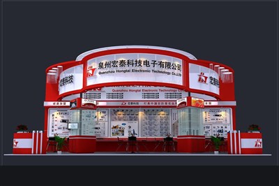 72平米展臺(tái)設(shè)計(jì)制作：四面開口/現(xiàn)代/木質(zhì)結(jié)構(gòu)/紅色，為電子展展商而作（免費(fèi)使用）