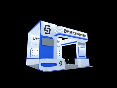 36平米展臺(tái)設(shè)計(jì)制作：三面開口/現(xiàn)代/木質(zhì)結(jié)構(gòu)/藍(lán)色，為電子展展商而作（免費(fèi)使用）