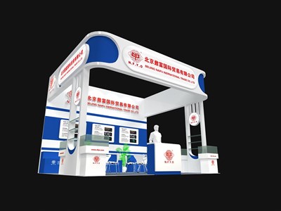 30平米展臺設(shè)計制作：三面開口/現(xiàn)代/木質(zhì)結(jié)構(gòu)/藍(lán)色，為電子展展商而作（免費使用）
