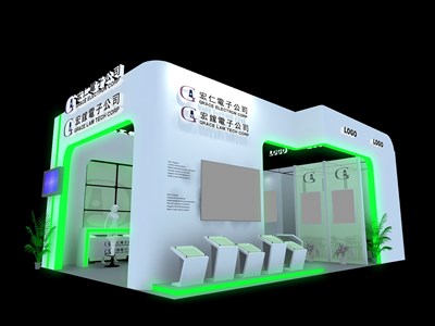 54平米展臺(tái)設(shè)計(jì)制作：二面開口/現(xiàn)代/木質(zhì)結(jié)構(gòu)/綠色，為電子展展商而作（免費(fèi)使用）