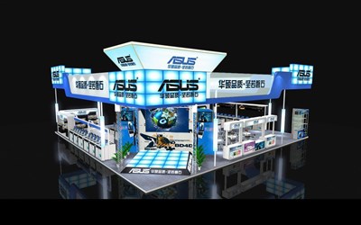 324平米展臺設計制作：四面開口/前衛(wèi)/型材結(jié)構(gòu)/藍色，為電子展展商而作（免費使用）