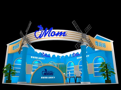 36平米展臺(tái)設(shè)計(jì)制作：一面開口/現(xiàn)代/木質(zhì)結(jié)構(gòu)/藍(lán)色，為嬰幼展展商而作（免費(fèi)使用）