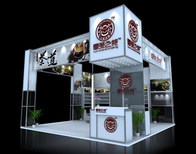 36平米展臺設(shè)計(jì)制作：三面開口/現(xiàn)代/木質(zhì)結(jié)構(gòu)/白色，為茶博會展商而作（免費(fèi)使用）