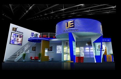 120平米展臺設(shè)計制作：二面開口/前衛(wèi)/雙層結(jié)構(gòu)/藍(lán)色，為電子展展商而作（免費使用）