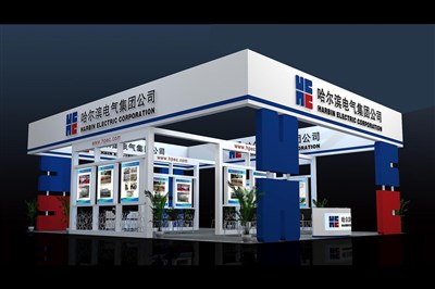 108平米展臺設(shè)計制作：四面開口/現(xiàn)代/木質(zhì)結(jié)構(gòu)/藍(lán)色，為電子展展商而作（免費使用）
