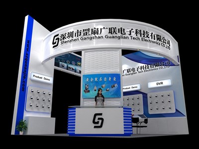 36平米展臺(tái)設(shè)計(jì)制作：三面開(kāi)口/前衛(wèi)/木質(zhì)結(jié)構(gòu)/藍(lán)色，為電子展展商而作（免費(fèi)使用）