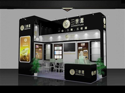 18平米展臺(tái)設(shè)計(jì)制作：二面開口/現(xiàn)代/型材結(jié)構(gòu)/黑色，為糖酒展展商而作（免費(fèi)使用）