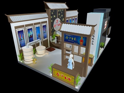72平米展臺(tái)設(shè)計(jì)制作：三面開口/中式/木質(zhì)結(jié)構(gòu)/灰色，為糖酒展展商而作（免費(fèi)使用）