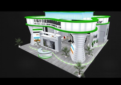 110平米展臺設計制作：四面開口/前衛(wèi)/木質(zhì)結構/綠色，為電子展展商而作（免費使用）