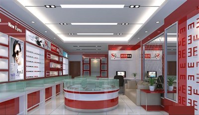 50平米展廳設(shè)計制作：現(xiàn)代/紅色，產(chǎn)品類展廳-眼鏡店（免費使用）