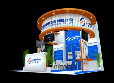 36平米展臺設計制作：三面開口/現(xiàn)代/木質(zhì)結(jié)構/彩色，為綜合展展商而作（免費使用）