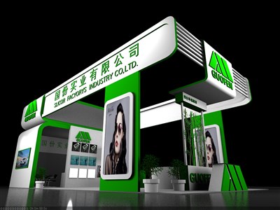 98平米展臺(tái)設(shè)計(jì)制作：三面開口/現(xiàn)代/木質(zhì)結(jié)構(gòu)/綠色，為化工展展商而作（免費(fèi)使用）