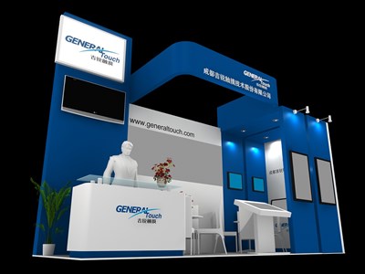 12平米展臺設(shè)計(jì)制作：二面開口/現(xiàn)代/木質(zhì)結(jié)構(gòu)/藍(lán)色，為電子展展商而作（免費(fèi)使用）