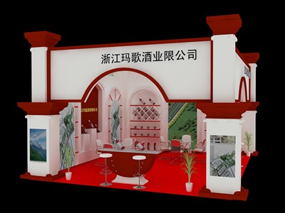 42平米展臺設計制作：二面開口/中式/木質(zhì)結(jié)構(gòu)/彩色，為糖酒展展商而作（免費使用）