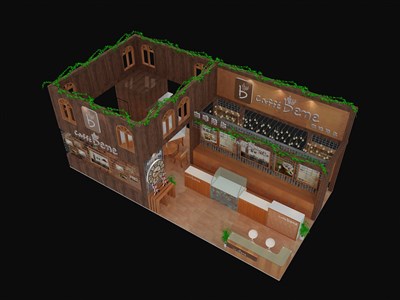 72平米展臺設(shè)計制作：四面開口/歐式/木質(zhì)結(jié)構(gòu)/咖啡色，為糖酒展展商而作（免費使用）