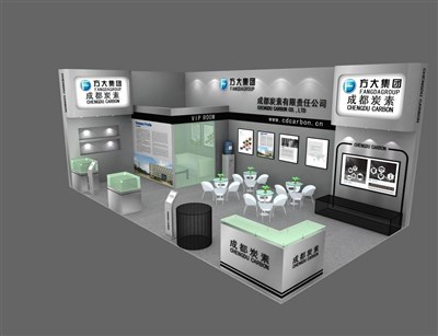 47.5平米展臺(tái)設(shè)計(jì)制作：二面開(kāi)口/現(xiàn)代/木質(zhì)結(jié)構(gòu)/灰色，為化工展展商而作（免費(fèi)使用）