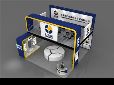 81平米展臺(tái)設(shè)計(jì)制作：三面開口/前衛(wèi)/木質(zhì)結(jié)構(gòu)/藍(lán)色，為電子展展商而作（免費(fèi)使用）
