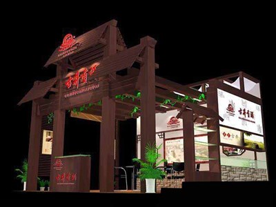 36平米展臺(tái)設(shè)計(jì)制作：三面開口/中式/木質(zhì)結(jié)構(gòu)/咖啡色，為糖酒展展商而作（免費(fèi)使用）