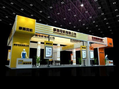 150平米展臺設計制作：四面開口/現(xiàn)代/木質結構/黃色，為電子展展商而作（免費使用）