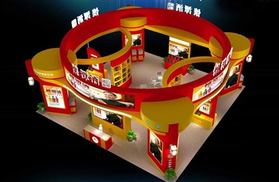 144平米展臺設(shè)計制作：四面開口/現(xiàn)代/型材結(jié)構(gòu)/紅色，為糖酒展展商而作（免費使用）