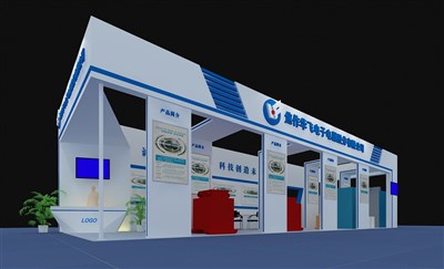 120平米展臺設(shè)計制作：二面開口/前衛(wèi)/木質(zhì)結(jié)構(gòu)/藍(lán)色，為電子展展商而作（免費(fèi)使用）