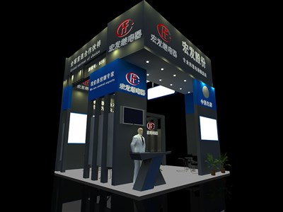 36平米展臺(tái)設(shè)計(jì)制作：三面開口/前衛(wèi)/木質(zhì)結(jié)構(gòu)/黑色，為電子展展商而作（免費(fèi)使用）