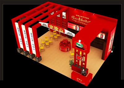 96平米展臺設(shè)計制作：三面開口/中式/木質(zhì)結(jié)構(gòu)/紅色，為糖酒展展商而作（免費使用）