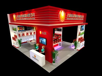 72平米展臺設計制作：三面開口/現(xiàn)代/木質(zhì)結(jié)構(gòu)/紅色，為化工展展商而作（免費使用）
