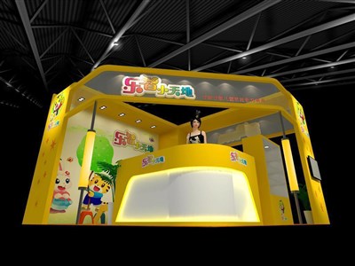 36平米展臺(tái)設(shè)計(jì)制作：一面開口/現(xiàn)代/木質(zhì)結(jié)構(gòu)/黃色，為嬰幼展展商而作（免費(fèi)使用）