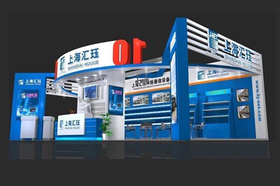 60.5平米展臺(tái)設(shè)計(jì)制作：三面開口/現(xiàn)代/型材結(jié)構(gòu)/藍(lán)色，為電子展展商而作（免費(fèi)使用）