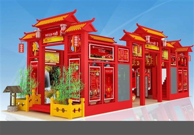 120平米展臺(tái)設(shè)計(jì)制作：四面開口/中式/木質(zhì)結(jié)構(gòu)/紅色，為糖酒展展商而作（免費(fèi)使用）
