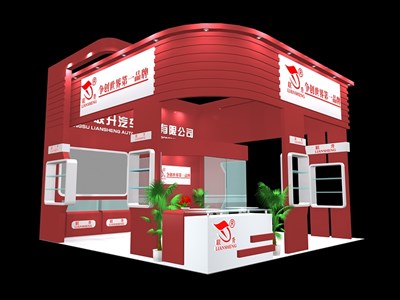 36平米展臺設(shè)計制作：三面開口/現(xiàn)代/木質(zhì)結(jié)構(gòu)/紅色，為綜合展展商而作（免費使用）