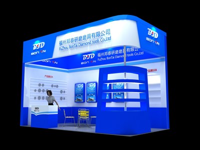18平米展臺設計制作：二面開口/現(xiàn)代/木質(zhì)結構/藍色，為綜合展展商而作（免費使用）