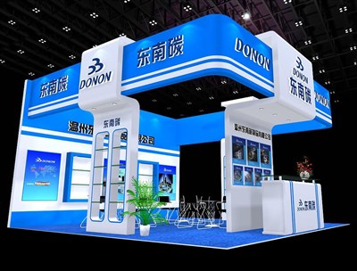36平米展臺設計制作：三面開口/現(xiàn)代/木質結構/藍色，為綜合展展商而作（免費使用）