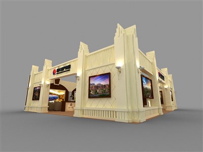 168平米展臺設計制作：二面開口/歐式/木質(zhì)結(jié)構(gòu)/米色，為房產(chǎn)展展商而作（免費使用）