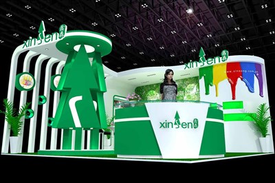 36平米展臺(tái)設(shè)計(jì)制作：二面開口/現(xiàn)代/木質(zhì)結(jié)構(gòu)/彩色，為化工展展商而作（免費(fèi)使用）