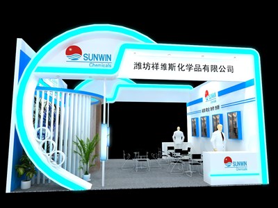 42平米展臺(tái)設(shè)計(jì)制作：二面開口/現(xiàn)代/木質(zhì)結(jié)構(gòu)/白色，為化工展展商而作（免費(fèi)使用）