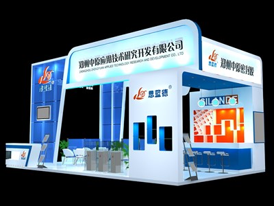 60平米展臺設(shè)計制作：四面開口/現(xiàn)代/型材結(jié)構(gòu)/藍色，為化工展展商而作（免費使用）