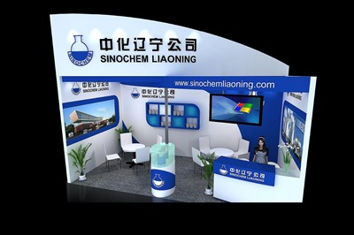 18平米展臺(tái)設(shè)計(jì)制作：一面開口/現(xiàn)代/木質(zhì)結(jié)構(gòu)/藍(lán)色，為化工展展商而作（免費(fèi)使用）