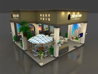 36平米展臺(tái)設(shè)計(jì)制作：三面開口/現(xiàn)代/木質(zhì)結(jié)構(gòu)/綠色，為房產(chǎn)展展商而作（免費(fèi)使用）