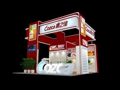 36平米展臺設(shè)計制作：三面開口/現(xiàn)代/木質(zhì)結(jié)構(gòu)/紅色，為綜合展展商而作（免費使用）