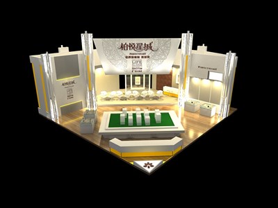 64平米展臺設(shè)計(jì)制作：二面開口/現(xiàn)代/木質(zhì)結(jié)構(gòu)/白色，為房產(chǎn)展展商而作（免費(fèi)使用）