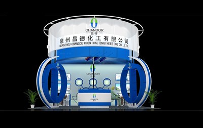 36平米展臺設計制作：三面開口/現(xiàn)代/木質(zhì)結(jié)構(gòu)/藍色，為化工展展商而作（免費使用）
