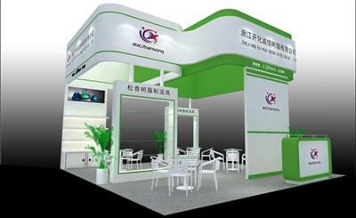 42平米展臺設(shè)計制作：四面開口/現(xiàn)代/木質(zhì)結(jié)構(gòu)/綠色，為化工展展商而作（免費使用）