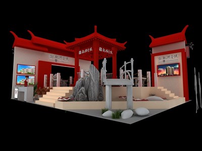 225平米展臺設計制作：四面開口/中式/木質結構/紅色，為房產展展商而作（免費使用）