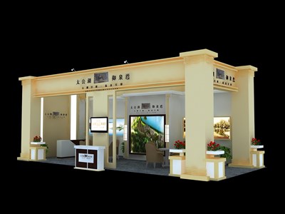 45平米展臺設(shè)計制作：二面開口/歐式/木質(zhì)結(jié)構(gòu)/米色，為房產(chǎn)展展商而作（免費使用）