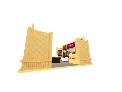 64平米展臺設(shè)計制作：二面開口/歐式/木質(zhì)結(jié)構(gòu)/米色，為房產(chǎn)展展商而作（免費使用）